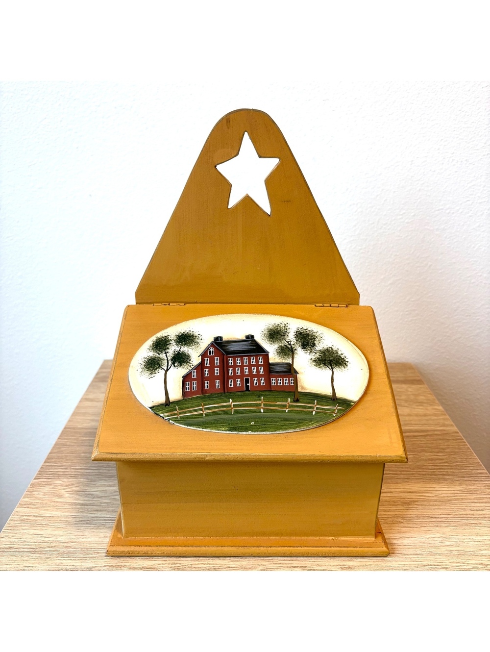Folk Art Wooden Match Box Hand Painted Keepsake Yellow Lid Red Barn Farmhouse